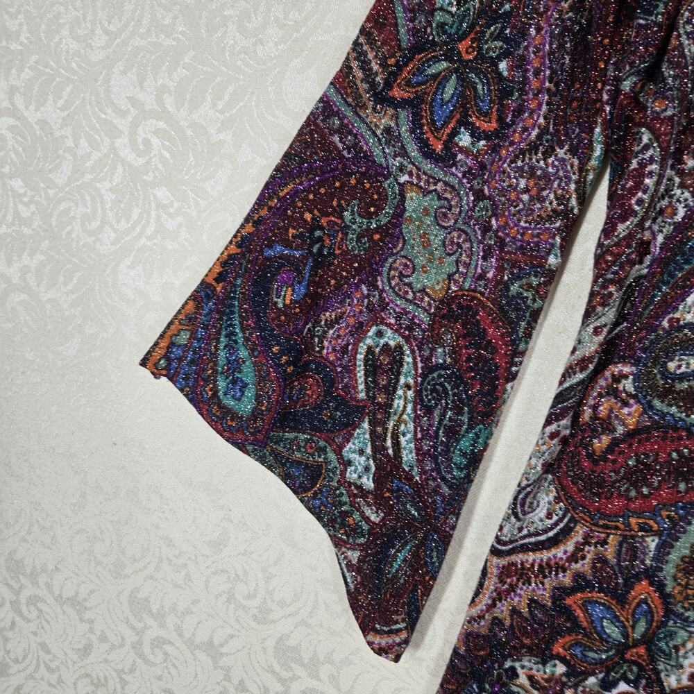 Cocomo Top L Paisley Multicolor Metallic Shimmer Knit Flowy Bell Sleeve Boho - Picture 5 of 12